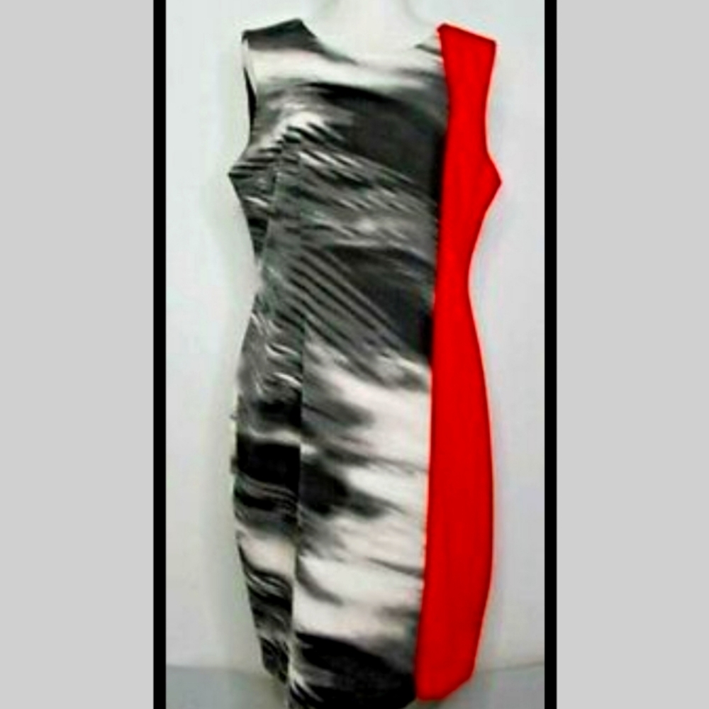 Calvin Klein Sleeveless Sheath Dress- Sz 12-  Red with Black/Grey/White Ombre-